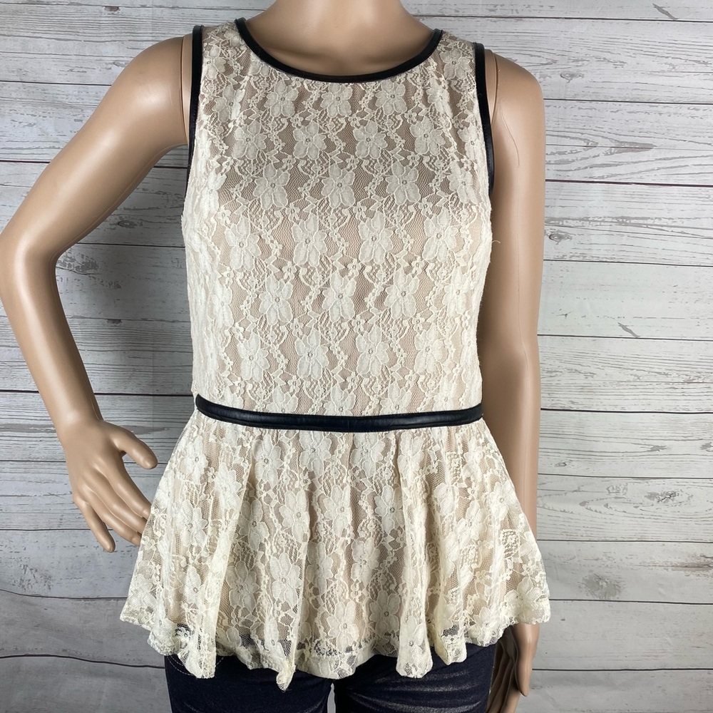 Vinyl Trim Lace Peplum Tank Top